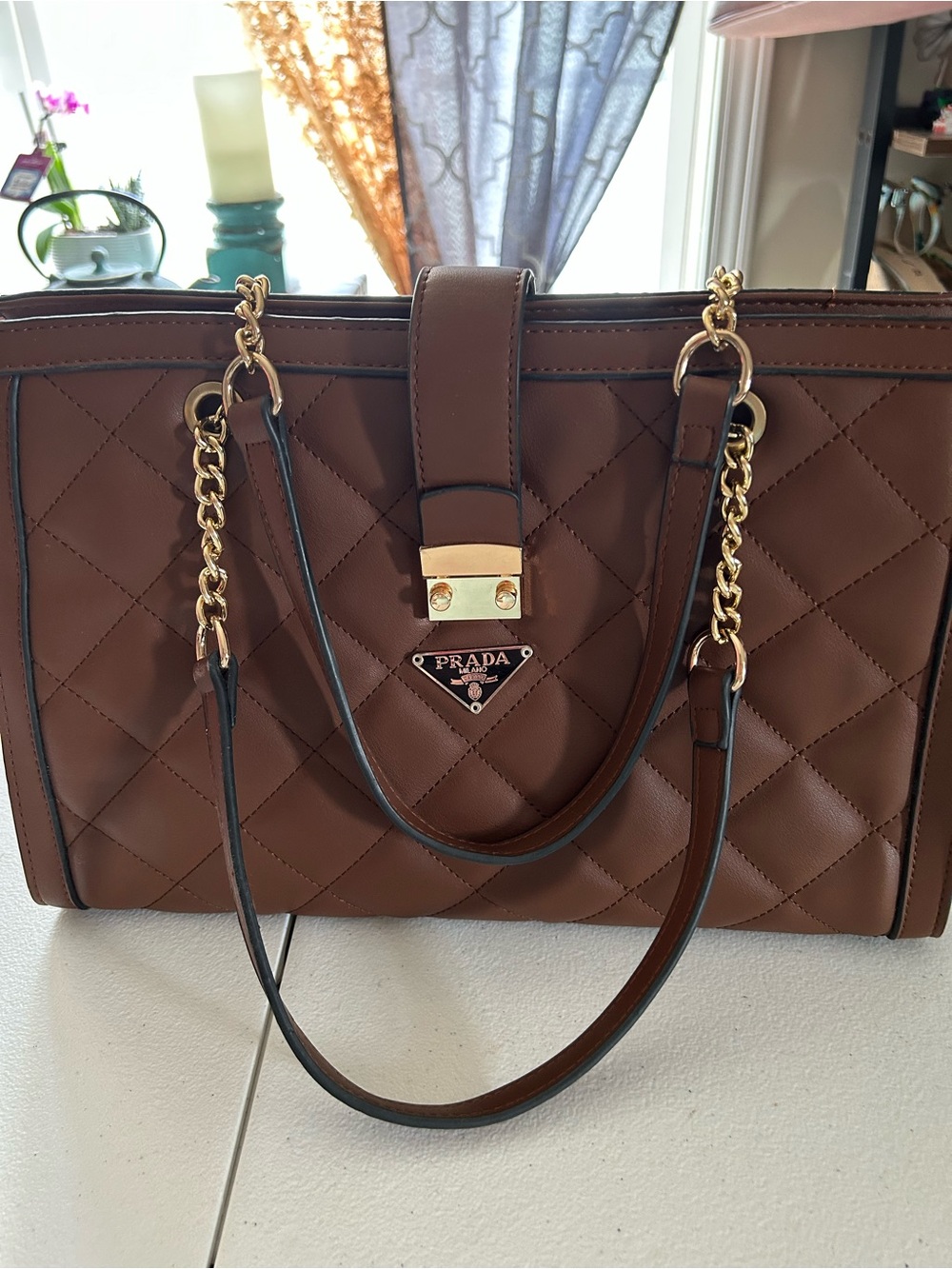 Prada Brown Quilted Leather Satchel with Gold Chain Accents